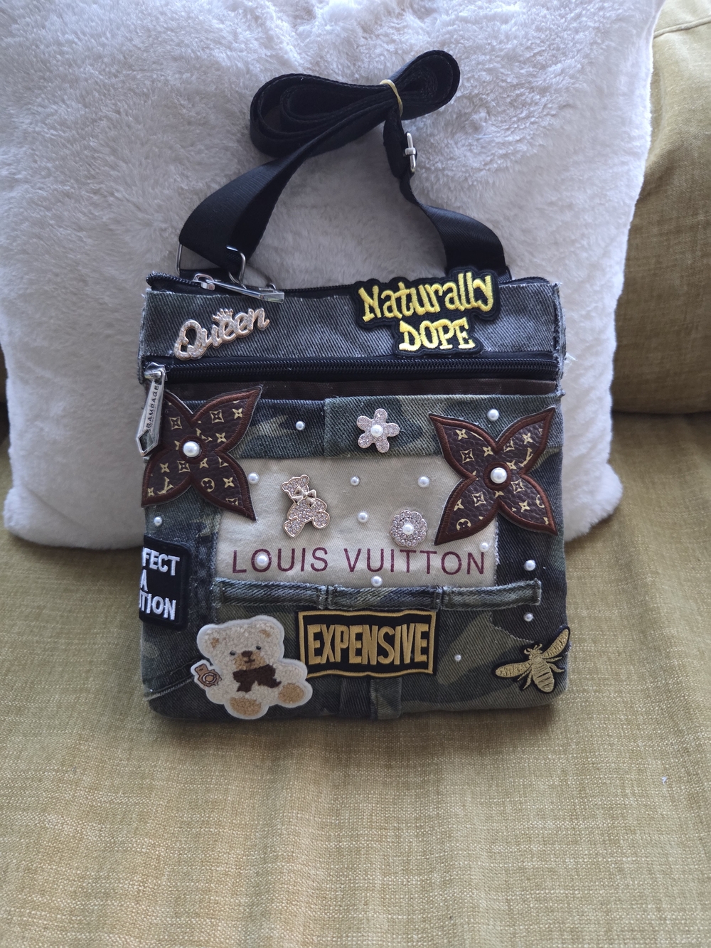 Green Camouflage Embellished Crossbody Bag
